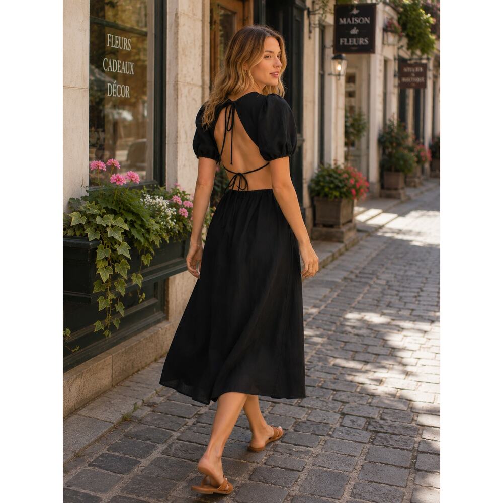 Reformation 12 Anneliese Linen Midi Dress $248 Puff Sleeve Backless Fit Flare - Picture 2 of 15